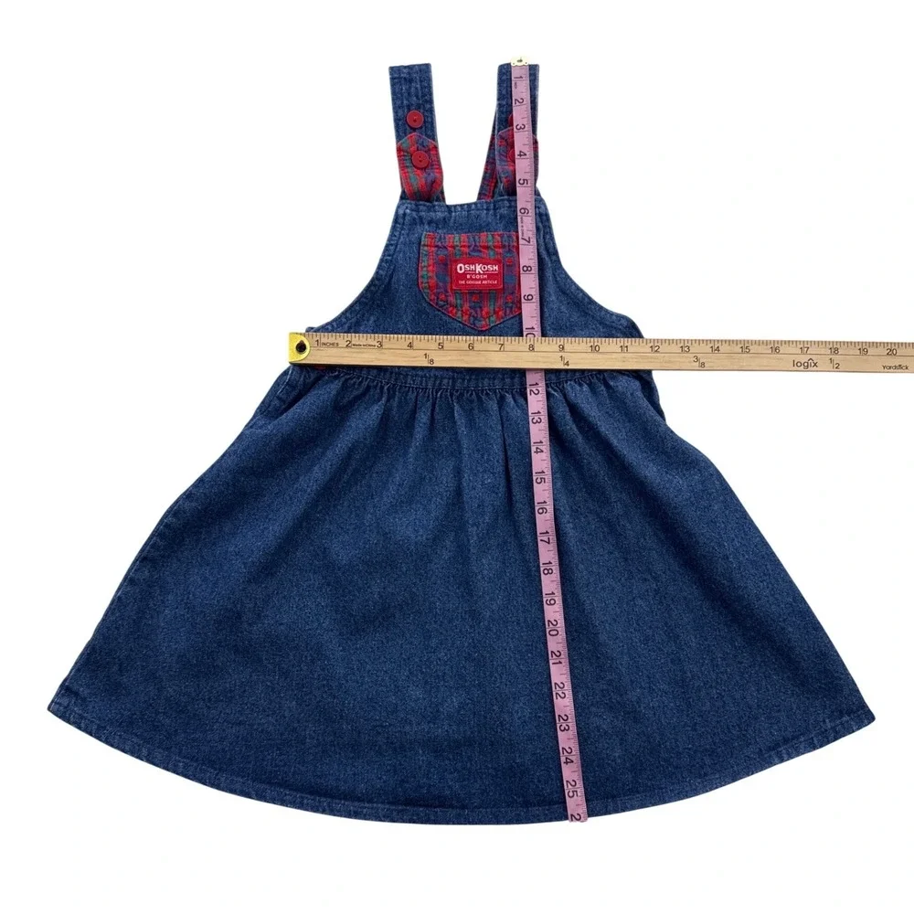 Vintage OshKosh B'gosh 2T Denim Jumper Dress Plaid Bow USA Made Toddler Girl